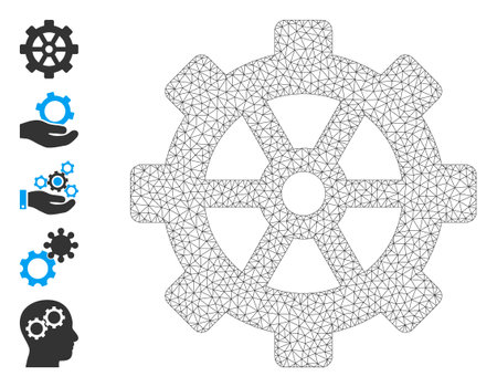 Mesh web gear icon with simple carcass created from gear vector graphics. Carcass mesh polygonal gear. Linear carcass 2D mesh in vector format.のイラスト素材