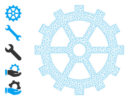 Mesh polygonal gear icon with simple structure created from gear vector graphics. Carcass mesh polygonal gear. Wire carcass 2D mesh in vector format.のイラスト素材
