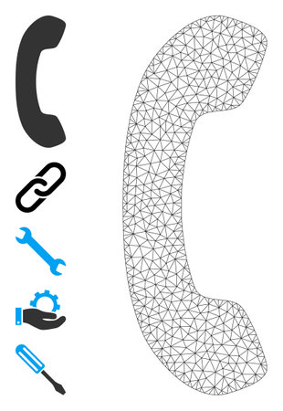 Mesh polygonal phone receiver icon with simple glyphs created from phone receiver vector graphics. Carcass mesh polygonal phone receiver. Wire frame 2D mesh in vector format.のイラスト素材