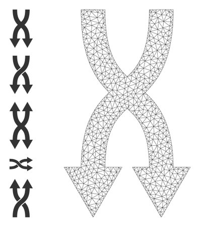 Mesh network shuffle arrows down icon with simple structure created from shuffle arrows down vector illustration. Carcass mesh polygonal shuffle arrows down. Wire carcass flat network in vector format.のイラスト素材