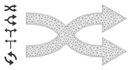 Mesh network shuffle arrows right icon with simple symbols created from shuffle arrows right vector illustration. Carcass mesh polygonal shuffle arrows right. Wire carcass 2D mesh in vector EPS format.のイラスト素材