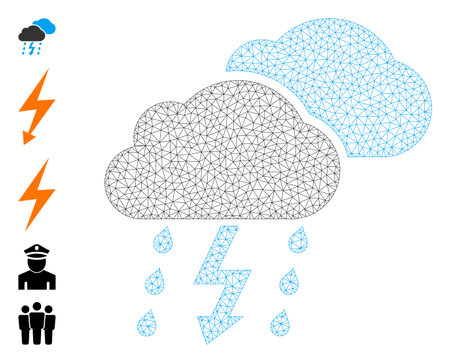 Mesh net thunderstorm icon with simple structure created from thunderstorm vector illustration. Carcass mesh polygonal thunderstorm. Wire carcass flat mesh in eps10 vector format.のイラスト素材