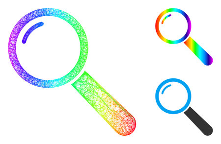 Rainbow colored net magnifier, and solid rainbow gradient magnifier icon. Linear carcass flat net abstract symbol based on magnifier icon, generated from intersected lines.のイラスト素材