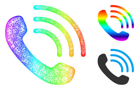 Spectral colorful net mesh phone call, and solid spectral gradient phone call icon. Wire carcass flat net geometric image based on phone call icon, created from intersected lines.のイラスト素材