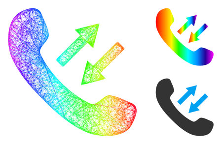 Rainbow vibrant wire frame phone talking, and solid rainbow gradient phone talking icon. Hatched frame 2D network geometric image based on phone talking icon, is made from crossed lines.のイラスト素材