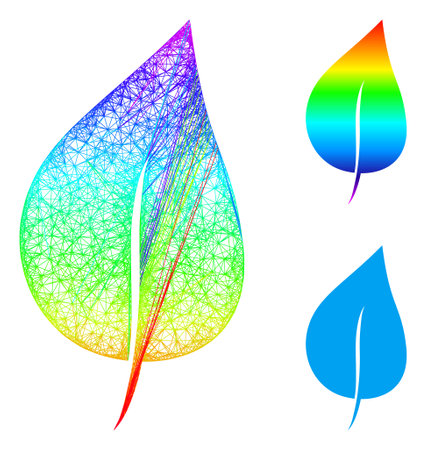 Rainbow vibrant net mesh plant leaf, and solid rainbow gradient plant leaf icon. Linear frame flat net abstract image based on plant leaf icon, created with intersected lines.のイラスト素材