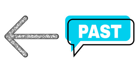 Conversation Past blue cloud frame and wire frame arrow left. Frame and colored area are shifted to Past phrase, which is located inside blue colored cloud. Vector quote tag inside chat contour.のイラスト素材