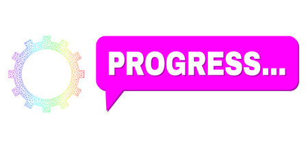 Progress... and gear vector. Rainbow colored mesh gear, and speech Progress... cloud frame. Speech colored Progress... bubble has shadow. Vector model created from gear icon with mesh.のイラスト素材