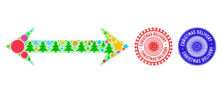 Horizontal flip mosaic of New Year symbols, such as stars, fir-trees, colored spheres, and CHRISTMAS DELIVERY rough stamp prints. Vector CHRISTMAS DELIVERY watermarks uses guilloche ornament,のイラスト素材