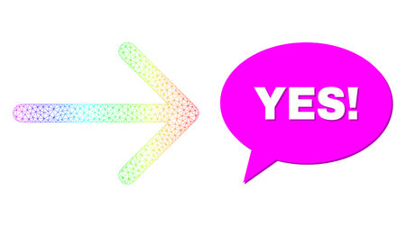 Yes! and arrow right composition. Rainbow colored net arrow right, and speech Yes! cloud message. Speech colored Yes! cloud has shadow.のイラスト素材