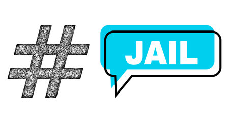 Speech Jail blue bubble frame and crossing mesh jail. Frame and colored area are misplaced to Jail caption, which is located inside blue colored bubble. Vector quote title inside forum frame.のイラスト素材