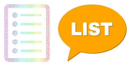 List and list page composition. Rainbow colored mesh list page, and chat List bubble message. Chat colored List bubble has shadow. Vector model created from list page icon with triangular net.のイラスト素材