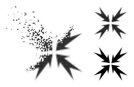 Disintegrating dot compression arrows icon with destruction effect, and halftone vector icon. Pixelated dematerialization effect for compression arrows gives speed and motion of cyberspace objects.のイラスト素材