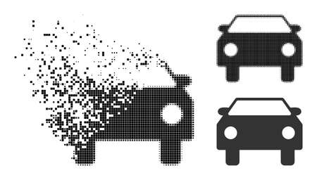 Destructed pixelated car icon with destruction effect, and halftone vector icon. Pixelated erosion effect for car gives speed and motion of cyberspace abstractions.のイラスト素材