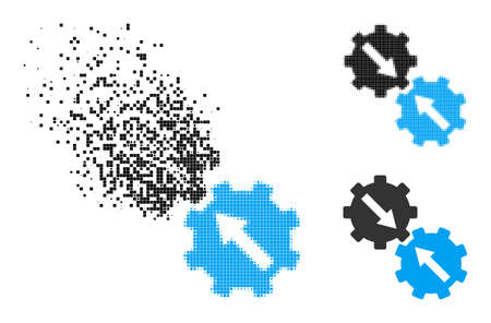 Fragmented pixelated gear integration icon with destruction effect, and halftone vector icon. Pixelated burst effect for gear integration demonstrates speed and motion of cyberspace abstractions.のイラスト素材