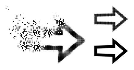 Disappearing pixelated arrow right icon with destruction effect, and halftone vector pictogram. Pixelated destruction effect for arrow right gives speed and movement of cyberspace matter.のイラスト素材