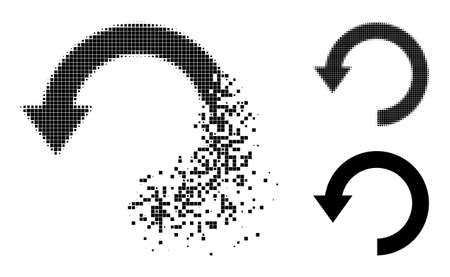 Decomposed dotted rotate down icon with destruction effect, and halftone vector symbol. Pixel destruction effect for rotate down gives speed and movement of cyberspace things.のイラスト素材