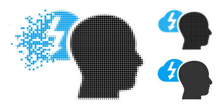 Dissolving dotted brainstorming icon with destruction effect, and halftone vector icon. Pixelated dissipation effect for brainstorming demonstrates speed and movement of cyberspace items.のイラスト素材