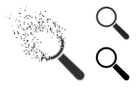 Shredded pixelated search tool icon with wind effect, and halftone vector symbol. Pixelated dissolving effect for search tool reproduces speed and movement of cyberspace matter.のイラスト素材