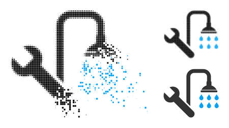Dissolved dot plumbing icon with destruction effect, and halftone vector icon. Pixelated dissipating effect for plumbing gives speed and motion of cyberspace objects.のイラスト素材
