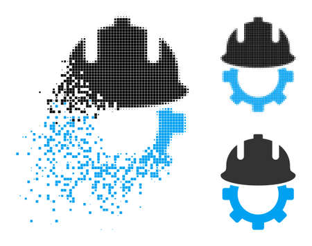 Fractured pixelated development helmet pictogram with destruction effect, and halftone vector icon.のイラスト素材