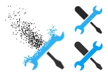 Dissipated pixelated tuning pictogram with destruction effect, and halftone vector symbol. Pixelated abrasion effect for tuning shows speed and movement of cyberspace abstractions.のイラスト素材
