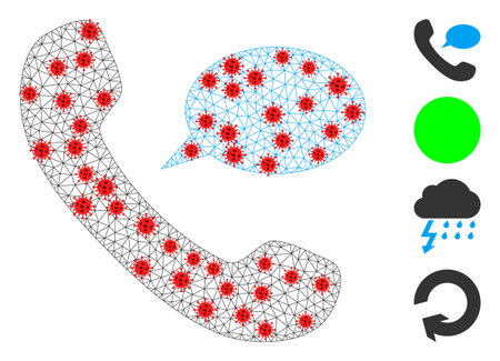 Network phone message in lockdown style. Mesh carcass phone message image in low poly style with organized linear items and red virus nodes.のイラスト素材