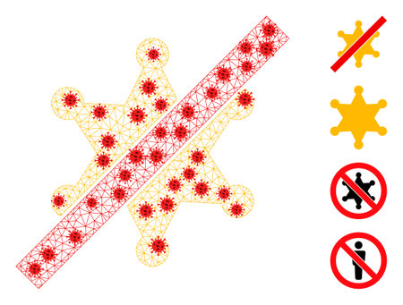 Net no sheriff star using infection style. Mesh wireframe no sheriff star image in low poly style with organized linear items and red virus items.のイラスト素材