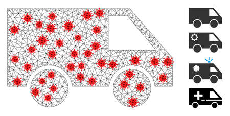 Polygonal van with infection style. Polygonal wireframe van image in lowpoly style with structured lines and red infection centers. Vector structure is created from van with covid centers.のイラスト素材
