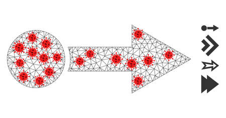 Mesh pull right with lock down style. Mesh carcass pull right image in low poly style with connected lines and red covid nodes. Vector structure is created from pull right with covid nodes.のイラスト素材