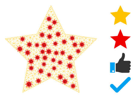 Polygonal star in infection style. Polygonal wireframe star image in low poly style with structured linear items and red virus nodes. Vector structure is created from star with virus items.のイラスト素材