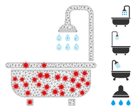 Mesh shower bath with outbreak style. Polygonal wireframe shower bath image in low poly style with connected linear items and red covid items.のイラスト素材