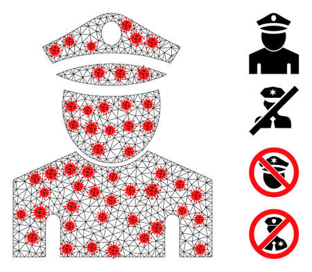 Mesh policeman in lockdown style. Mesh wireframe policeman image in low poly style with structured linear items and red infectious items.のイラスト素材