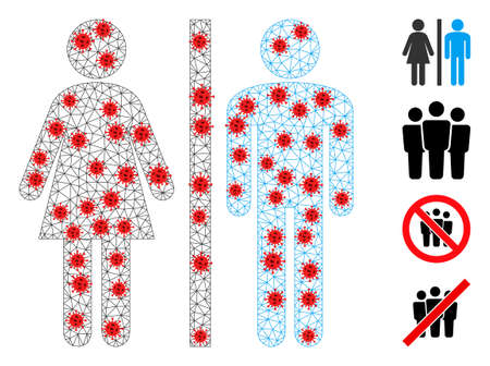 Polygonal WC persons with outbreak style. Mesh wireframe WC persons image in low poly style with structured lines and red coronavirus items.のイラスト素材