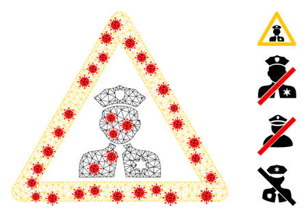 Polygonal policeman warning with infection style. Polygonal wireframe policeman warning image in lowpoly style with organized linear items and red covid elements.のイラスト素材