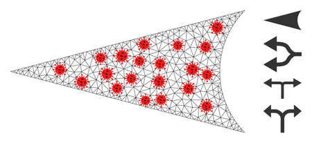 Network arrowhead left with lockdown style. Polygonal carcass arrowhead left image in lowpoly style with connected linear items and red infection nodes.のイラスト素材