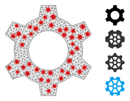 Net cog in infection style. Mesh wireframe cog image in low poly style with combined linear items and red infection items. Vector model is created from cog with infectious items.のイラスト素材