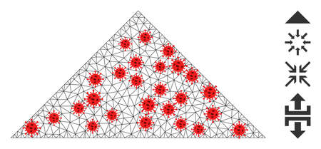 Net arrowhead up with lockdown style. Mesh carcass arrowhead up image in lowpoly style with combined linear items and red virus centers.のイラスト素材
