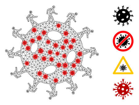 Net human virus in lockdown style. Polygonal carcass human virus image in lowpoly style with organized lines and red infection elements.のイラスト素材