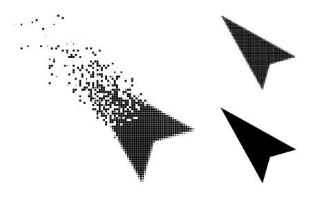 Destructed pixelated arrowhead left-up pictogram with destruction effect, and halftone vector image.のイラスト素材