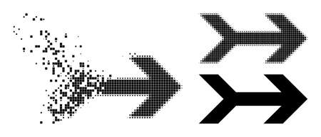Decomposed pixelated arrow right icon with wind effect, and halftone vector image. Pixelated erosion effect for arrow right shows speed and movement of cyberspace objects.のイラスト素材