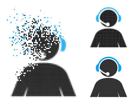 Dispersed pixelated call center operator glyph with wind effect, and halftone vector icon. Pixel dissipating effect for call center operator demonstrates speed and movement of cyberspace items.のイラスト素材