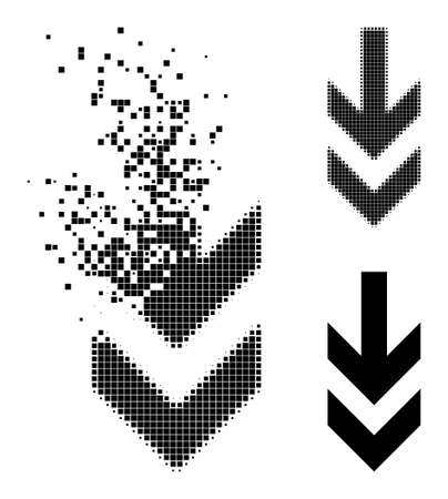 Damaged dotted arrow down icon with wind effect, and halftone vector icon. Pixelated dematerialization effect for arrow down shows speed and movement of cyberspace concepts.のイラスト素材