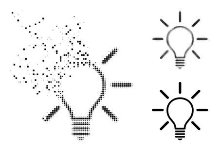 Fragmented pixelated light bulb pictogram with destruction effect, and halftone vector pictogram. Pixelated dissolving effect for light bulb gives speed and motion of cyberspace items.のイラスト素材