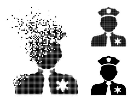 Dissolving dot police person icon with destruction effect, and halftone vector icon. Pixelated degradation effect for police person demonstrates speed and motion of cyberspace items.のイラスト素材