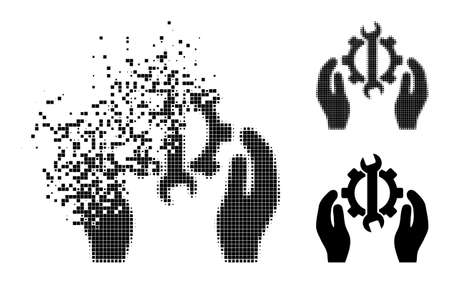 Disappearing dotted repair service icon with destruction effect, and halftone vector icon. Pixelated disintegration effect for repair service gives speed and motion of cyberspace things.のイラスト素材