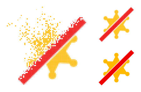 Disintegrating pixelated no sheriff star icon with wind effect, and halftone vector image. Pixelated creation effect for no sheriff star gives speed and motion of cyberspace items.のイラスト素材