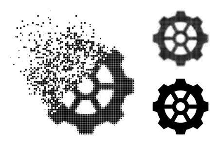 Dust pixelated gear icon with wind effect, and halftone vector symbol. Pixelated defragmentation effect for gear gives speed and motion of cyberspace things.のイラスト素材