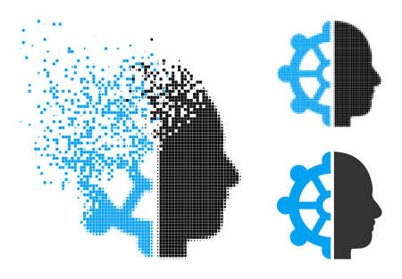 Decomposed pixelated intellect icon with destruction effect, and halftone vector symbol. Pixelated dissolving effect for intellect demonstrates speed and movement of cyberspace objects.のイラスト素材