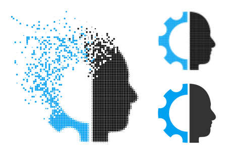 Dispersed dotted cyborg gear pictogram with wind effect, and halftone vector image. Pixelated fragmentation effect for cyborg gear shows speed and movement of cyberspace items.のイラスト素材